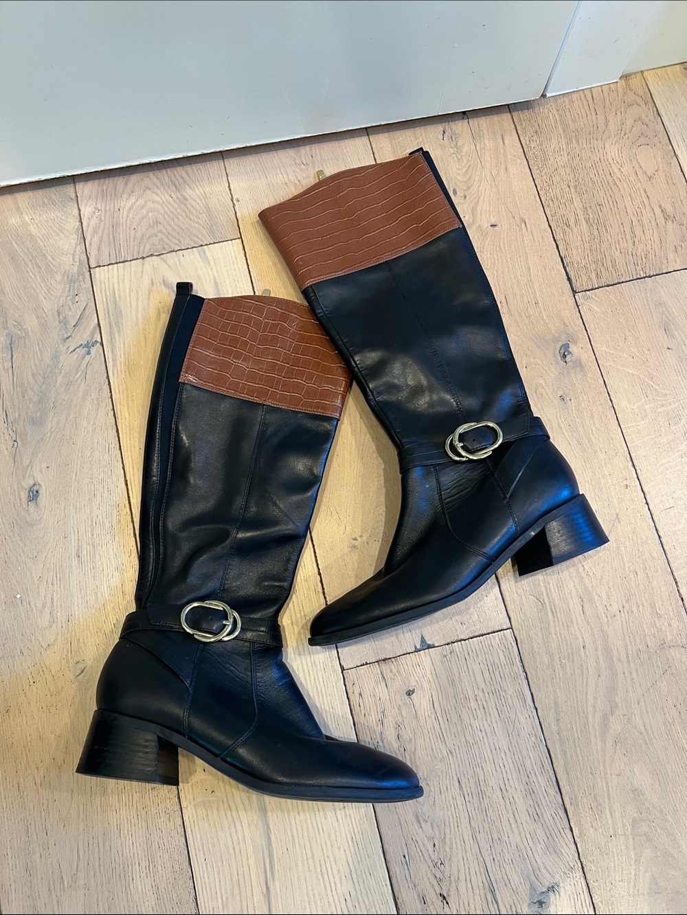 Marc Fisher Black and Brown Knee-High Leather Riding Boots
